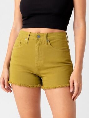 Judy Blue Green Mid Rise Garment Dyed Frayed Hem Shorts